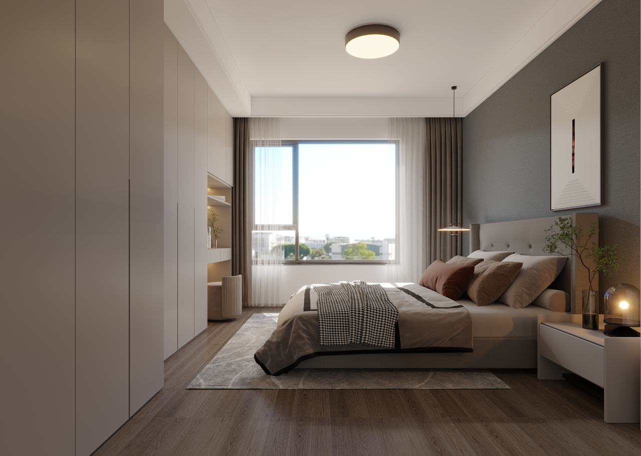 卧室色调的比例刚刚好，视感清爽精致

精心安置的照明与隐约可见的细节

营造出安然于心的舒适空间